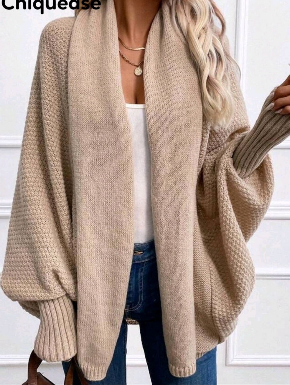Women's Tan Open-Front Balloon Sleeve Sweater